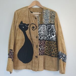 Daniel K Blazer Jacket Women's Medium Tan Patchwork Bead Embroidery Black Cat